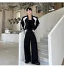 Set: Lapel Collared Two Tone Zip Blazer + Mid Rise Two Tone Straight Leg Dress Pants