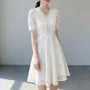 Puff-Sleeve V-Neck Midi A-Line Lace Dress