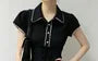 Short Sleeve Collared Lace-Trim Polka Dot Tie-Front Slim-Fit Blouse