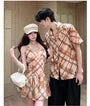 Couple Matching Short-Sleeve Argyle Print Button-Up Shirt / Spaghetti Strap Midi A-Line Dress