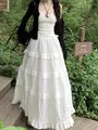 High Waist Plain Eyelet Lace Panel Tiered Maxi A-Line Skirt
