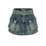 High Waist Belted Mini Denim Cargo Skort
