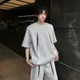 Set: Short-Sleeve Round Neck Two Tone T-Shirt + Drawstring Waist Sweat Shorts