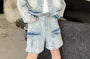 Set: Collared Washed Button-Up Denim Crop Jacket + Mid Rise Detachable Wide Leg Cargo Jeans