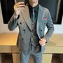 Set: Peak Lapel Plain Double-Breasted Blazer + V-Neck Single-Breasted Vest + High Waist Straight Leg Dress Pants