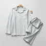 Pajama Set: Long-Sleeve Collared Contrast Trim Shirt + Elastic Waist Straight Leg Pants