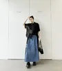 High Waist Denim Panel Maxi A-Line Skirt