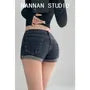 Low Rise Washed Roll Up Hem Denim Shorts