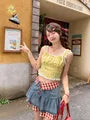 High Waist Gingham Panel Button Fly Denim Mini A-Line Skirt