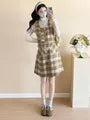 Maternity Set: Long-Sleeve Plain Top + Sleeveless Plaid A-Line Dress