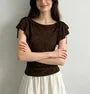 Cap Sleeve Boat Neck Plain Lace Slim-Fit Top