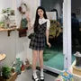 Puff-Sleeve Collar Plaid Mock Two-Piece Mini Sheath Dress