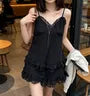 Spaghetti Strap V-Neck Plain Ruffle Panel Lace Mini A-Line Dress