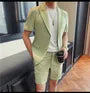 Short-Sleeve Peak Lapel Single-Breasted Plain Blazer / Mid Rise Dress Shorts / Set