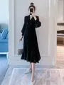 Maternity Puff-Sleeve V-Neck Dotted Midi A-Line Dress