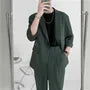Set: 3/4-Sleeve One-Buttoned Blazer + High Waist Straight Leg Dress Pants