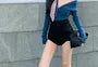 Long Sleeve V-Neck Plain Ribbed Knit Wrap Top / High Waist Plain Shorts / Neckerchief