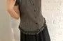 Short-Sleeve Collared Plaid Ruffle Trim Button Up Shirt