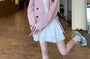 Plain Double-Breasted Blazer / Spaghetti Strap Tiered Mini A-Line Dress
