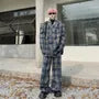 Set: Lapel Collar Plaid Double Breasted Blazer + Mid Rise Wide Leg Pants