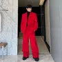 Set: Lapel Collar Plain Detachable Single-Breasted Cargo Blazer + High Waist Wide Leg Dress Pants