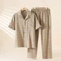 Pajama Set: Short-Sleeve Lapel Collar Argyle Button Top + Lounge Shorts