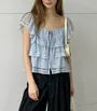 Cap Sleeve Square-Neck Tie-Front Lace-Trim Tiered Loose-Fit Blouse