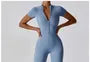 Short-Sleeve Half Zip Plain Sports Jumpsuit