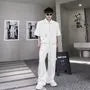Set: Short-Sleeve Collared Plain Buckled Grommet Zip Jacket + Drawstring Waist Wide Leg Pants