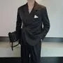 Set: Plain Asymmetrical Double-Breasted Blazer + Drawstring Waist Loose Fit Pants