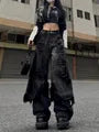 Mock Two-Piece Mid Rise Washed Fringed Distressed Wide Leg Jeans
