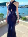 Halter Neck Cutout Plain Maxi Sheath Dress