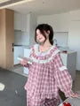 Pajama Set: Long-Sleeve Crew Neck Plaid Lace Panel Ruffle Trim Button-Up Top + Pants