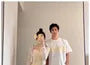Couple Matching Spaghetti Strap Dotted Lace Panel Midi A-Line Dress / Plain Perforated Crop Cardigan / Elbow-Sleeve Crew Neck Panel T-Shirt / Drawstring Waist Wide Leg Shorts / Set