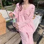 Pajama Set: Long-Sleeve V-Neck Lace Trim Top + Pants