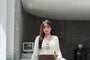 Plus Size Long-Sleeve V-Neck Plain Lace Trim T-Shirt / High Waist Plain Mini A-Line Skirt / Collared Plain Faux Leather Zip Jacket