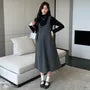 Maternity Long Sleeve Mock Neck Plain Top / Dotted Midi A-Line Overall Dress / Set