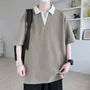 Mock Two-Piece Elbow-Sleeve V-Neck Collared Two Tone T-Shirt