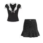Short Sleeve V-Neck Lace-Trim Dotted Slim-Fit Top / High Waist Mini Skirt