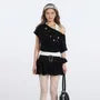 Short Sleeve Mock Two Piece Cold Shoulder Color-Block Slim-Fit Top