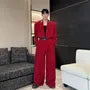 Set: Peak Lapel Two Tone Faux Leather Panel Open Front Crop Blazer + Mid Rise Wide Leg Dress Pants