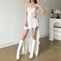 Spaghetti Strap Plain Asymmetrical Ruffle Trim Ruched Open Back High Low A-Line Dress