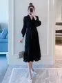 Maternity Puff-Sleeve V-Neck Dotted Midi A-Line Dress