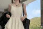 Spaghetti Strap V-Neck Plain Lace Trim Tiered Mini A-Line Dress