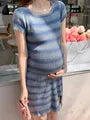 Short-Sleeve Crew Neck Striped Slit Sheath Dress