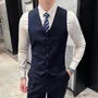 Set: Lapel Collar Plain Single Breasted Blazer + Mid Rise Plain Dress Pants + V-Neck Plain Single Breasted Vest