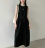 Sleeveless Round Neck Plain Tie-Waist Midi Dress