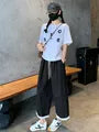 Drawstring Waist Lace Trim Cropped Straight Leg Pants
