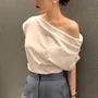 Cap-Sleeve Asymmetrical Neck Off-Shoulder Plain Ruched Tee