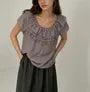 Short Sleeve Ruffled-Trim Plain Loose-Fit Blouse